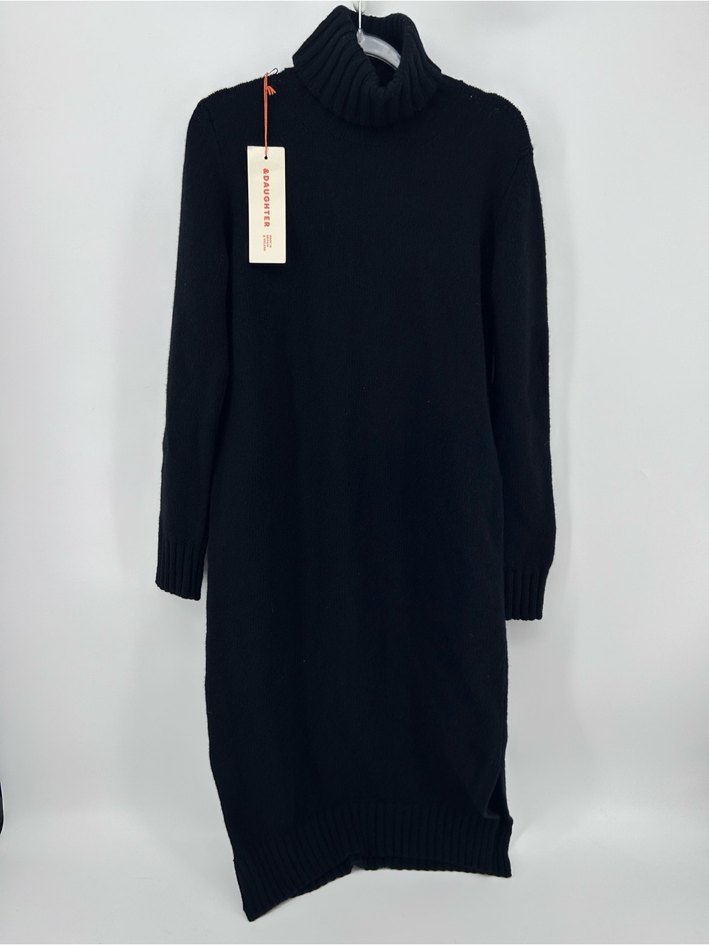 &Daughter Black 100% Wool Turtleneck Sweater Dress Made In Ireland NWT Side Slit